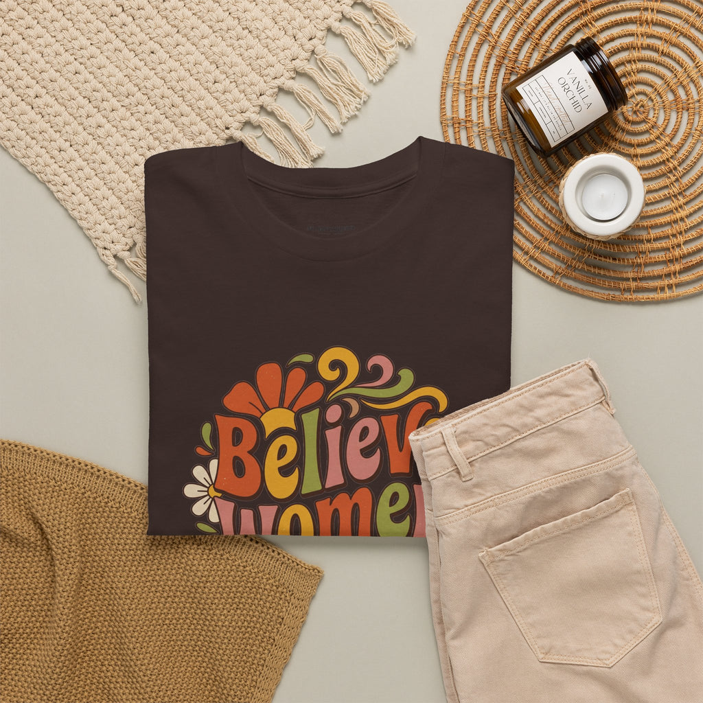 Believe Women Retro Floral Tee — 70s-Inspired Feminist Cotton Shirt