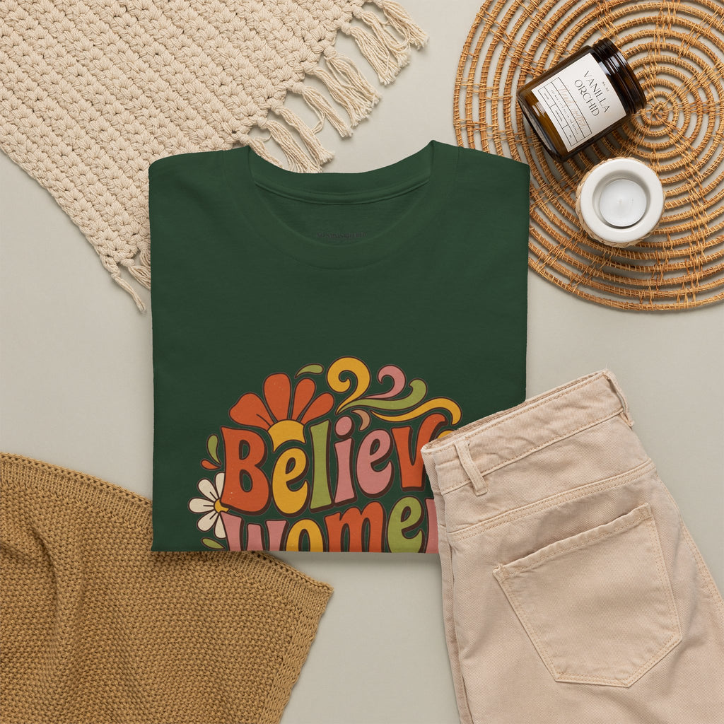 Believe Women Retro Floral Tee — 70s-Inspired Feminist Cotton Shirt