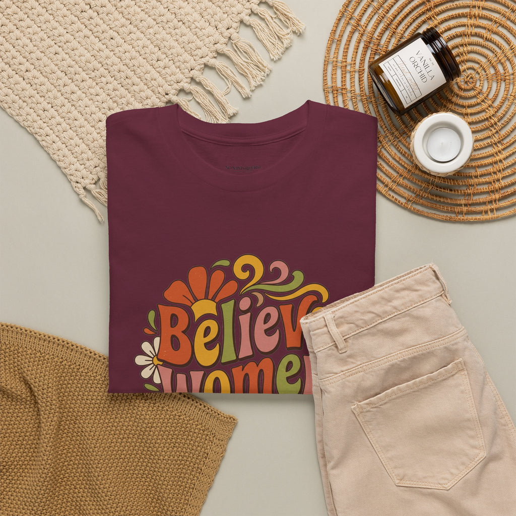 Believe Women Retro Floral Tee — 70s-Inspired Feminist Cotton Shirt